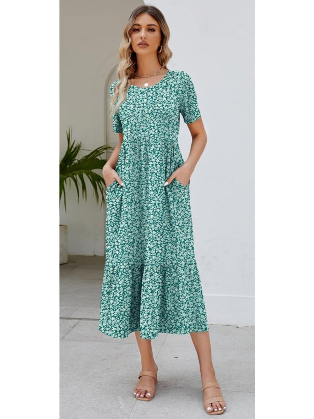 Women's Print Zink Sundress Short Sleeve Tiered Beach with Pockets Maxi Dress - Picture 2 of 5